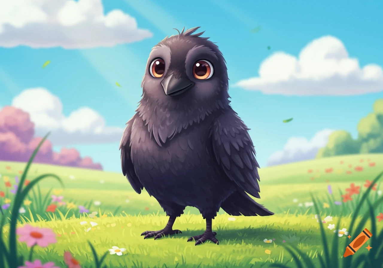 A cute cartoon raven with large orange eyes stands in a sunny green field with colorful flowers under a blue sky with clouds.
