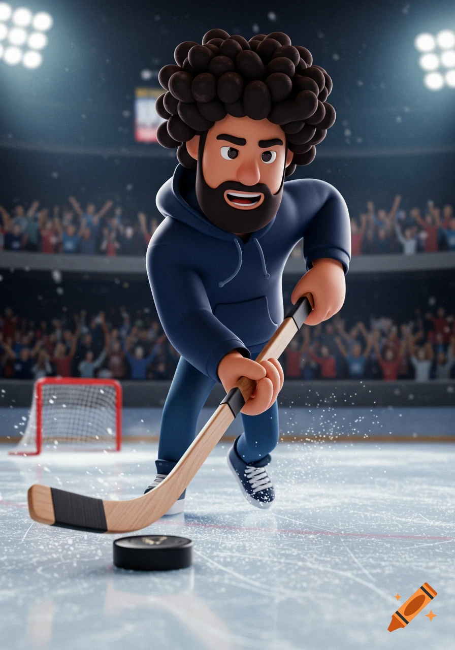 3D cartoon man with curly hair and beard in a hoodie playing hockey on an ice rink, surrounded by a crowd.