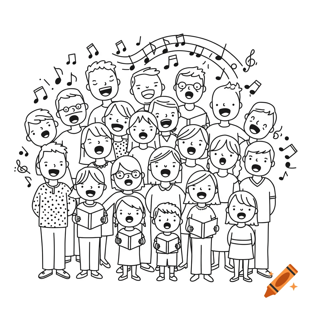 A black and white clipart illustration of a diverse group of happy adults and children singing in a choir, with musical notes floating around them.