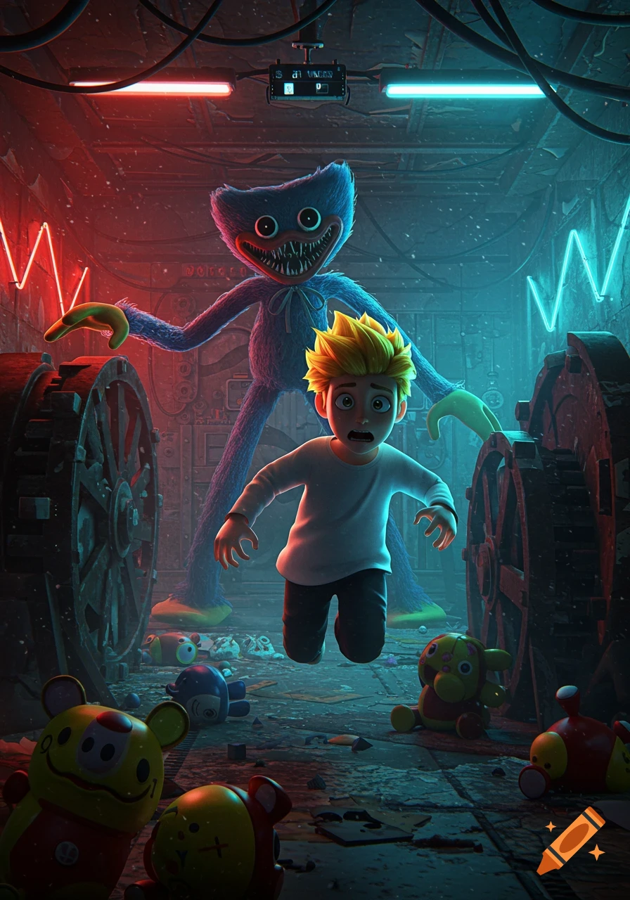 A blonde boy runs in terror from a monstrous blue furry creature with sharp teeth in a dark, neon-lit industrial room with scattered toys.