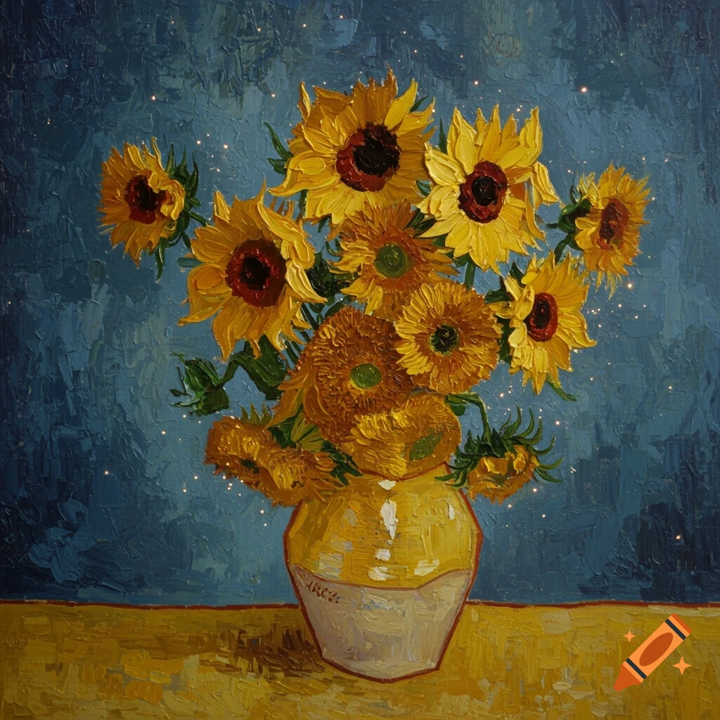 Impressionistic painting of a yellow vase filled with sunflowers against a blue background with sparkling dots.