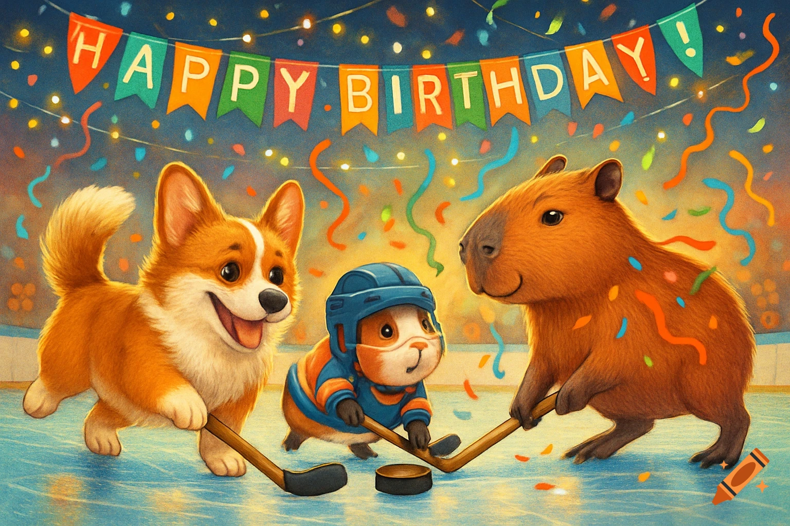 A corgi, a guinea pig in a helmet, and a capybara play hockey on an ice rink under a 'HAPPY BIRTHDAY!' banner with confetti.