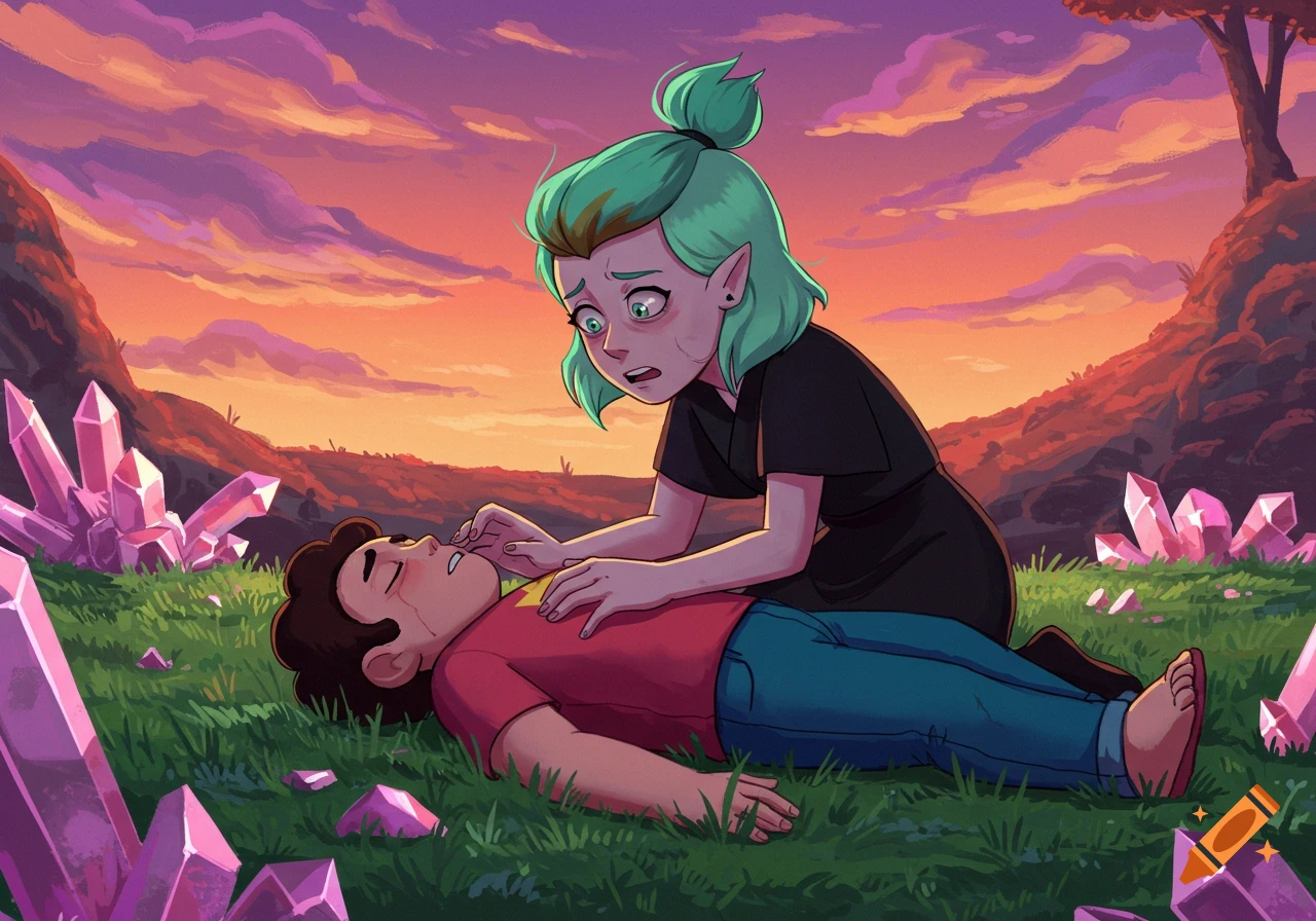 Amity Blight, a worried green-haired cartoon character, kneels over an unconscious Steven Universe lying in a grassy field filled with pink crystals under a sunset sky.