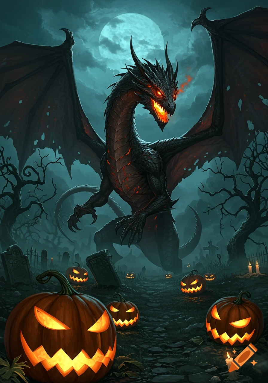 A fearsome black dragon with glowing eyes and mouth in a misty graveyard filled with lit jack-o'-lanterns under a full moon.