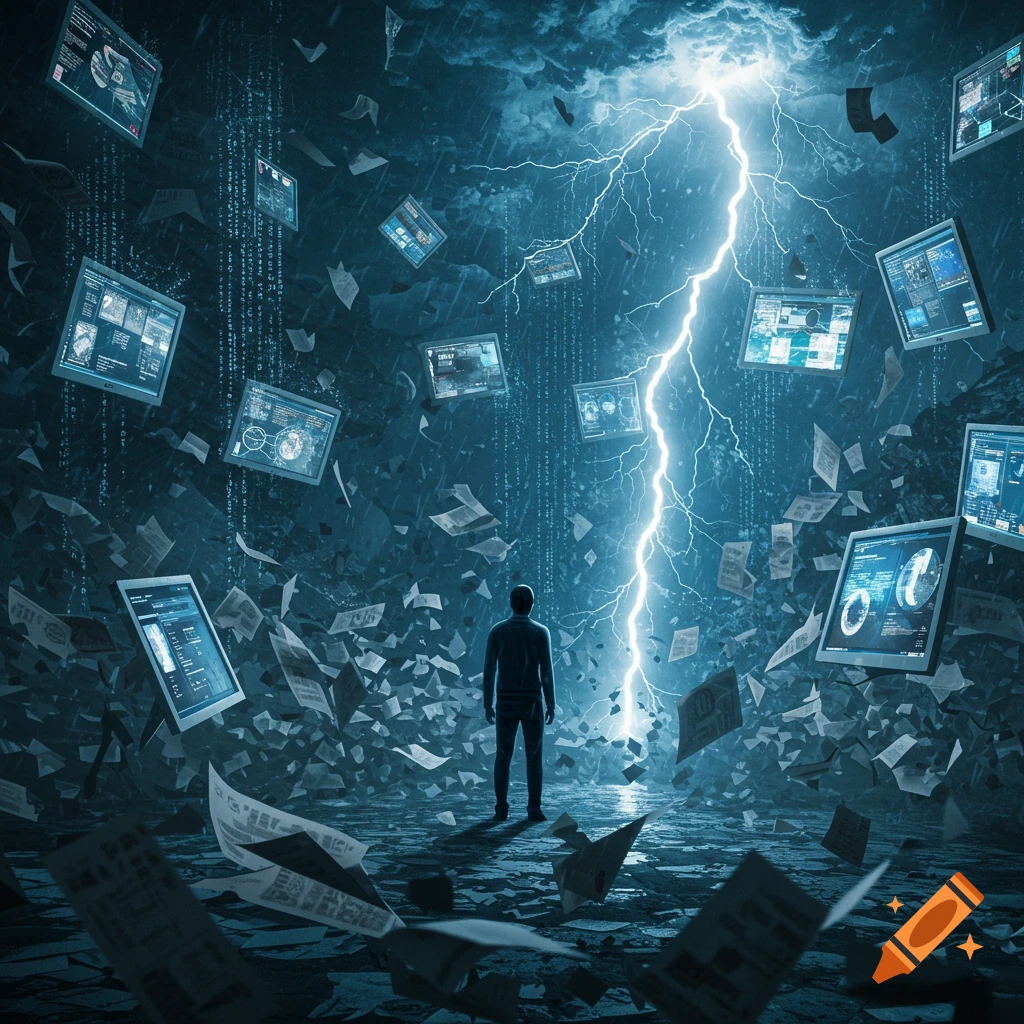 A lone figure stands in a futuristic, digital storm of screens, data, and falling papers under a lightning strike.