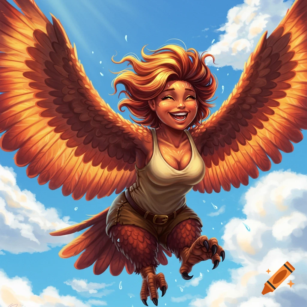 A smiling, cheerful harpy with large orange wings and talons flies through a bright blue sky with white clouds, in a vibrant cartoon style.