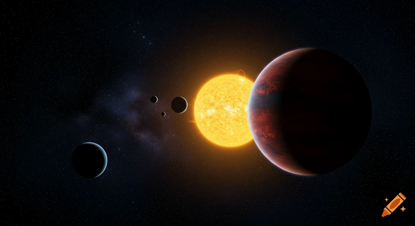 An illustration of a solar system with a large yellow sun, a prominent red planet, a smaller dark blue planet, and three moons or smaller planets in orbit, all against a dark star-filled sky.