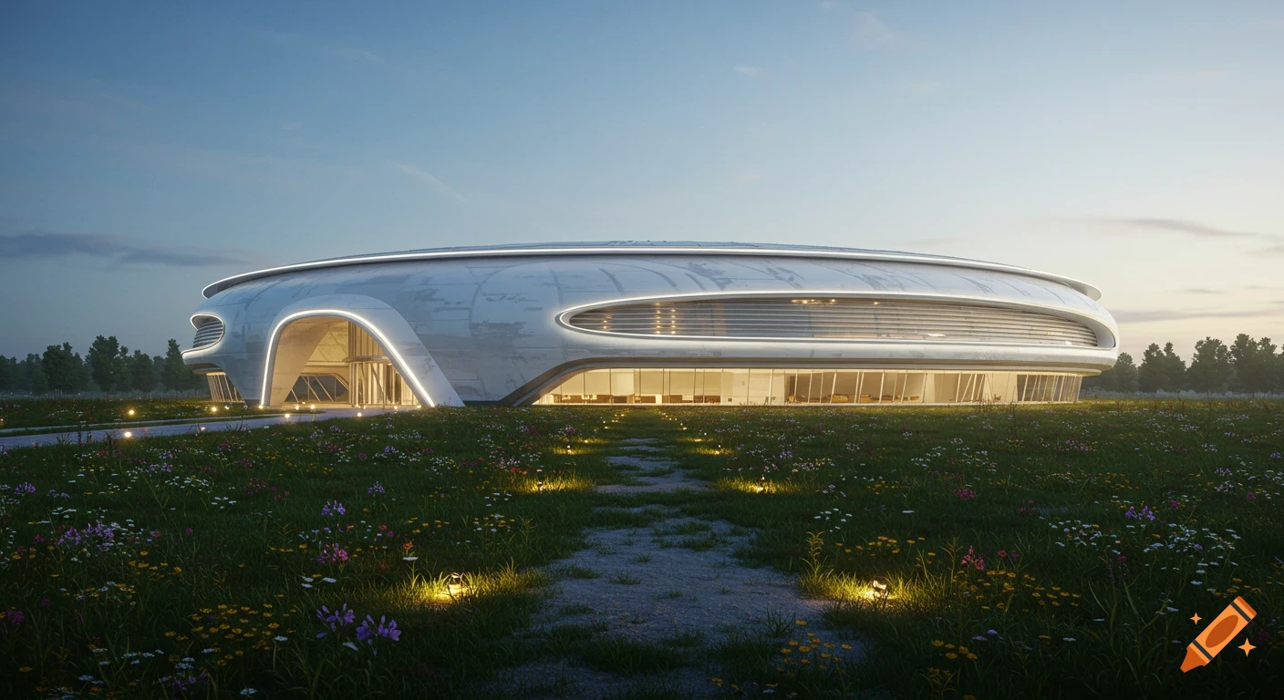 Photorealistic image of a wide, circular futuristic building with illuminated entrances, surrounded by a field of wildflowers at dusk.