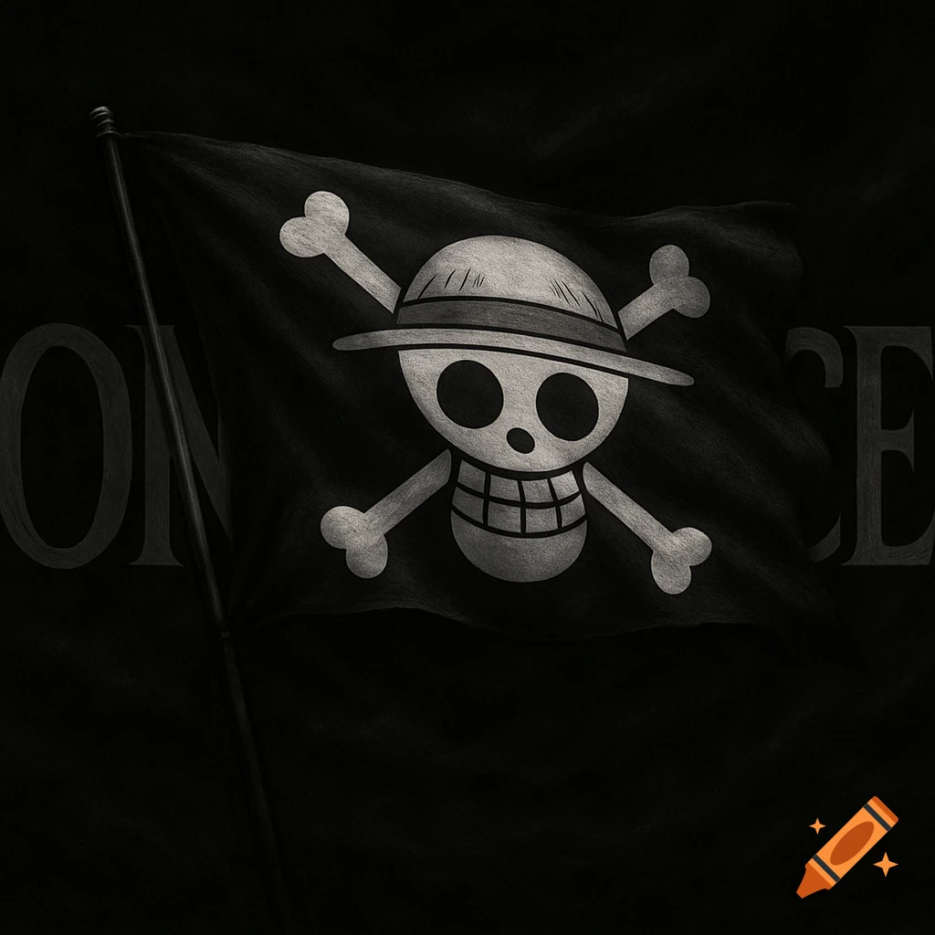 A black flag with the white Straw Hat Pirates Jolly Roger, a skull wearing a straw hat with crossed bones, against a dark background.