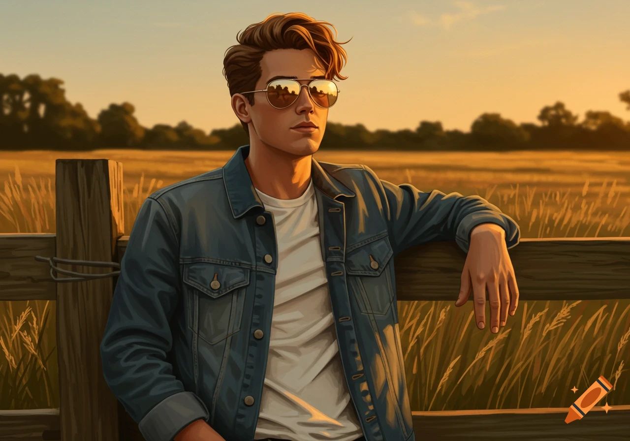 Illustration of a young man in a denim jacket and sunglasses, leaning on a fence in a golden field at sunset.