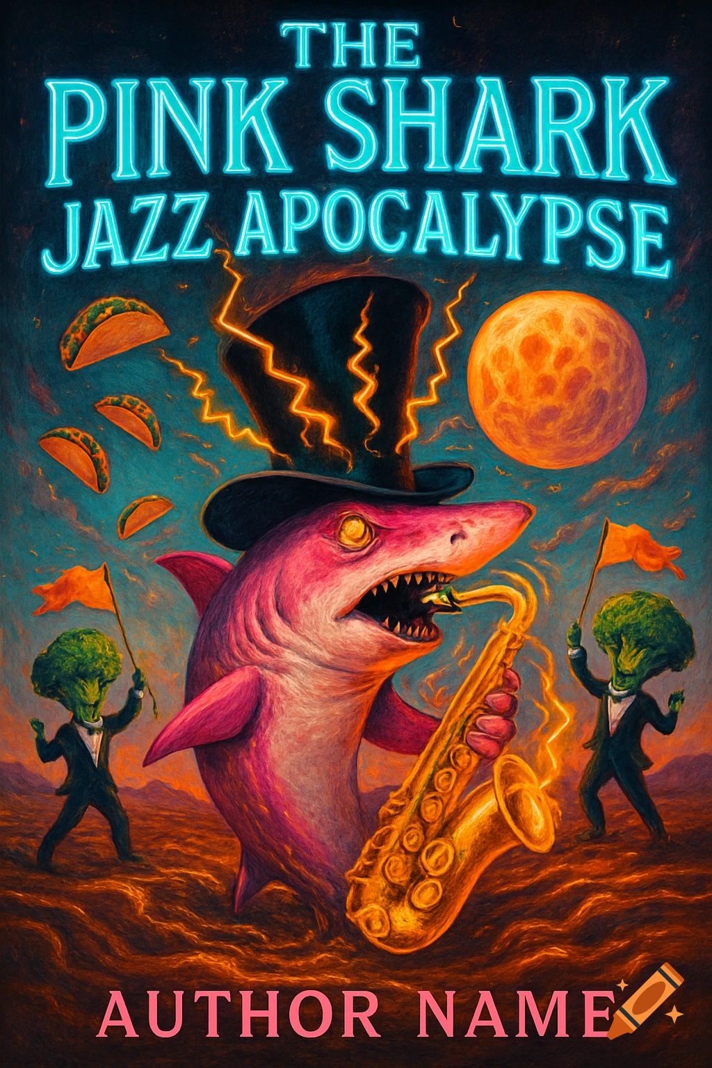 Surreal book cover: A pink shark in a top hat plays a glowing saxophone in a desert with flying tacos, dancing broccoli, and an orange moon. Text: 'The Pink Shark Jazz Apocalypse'.