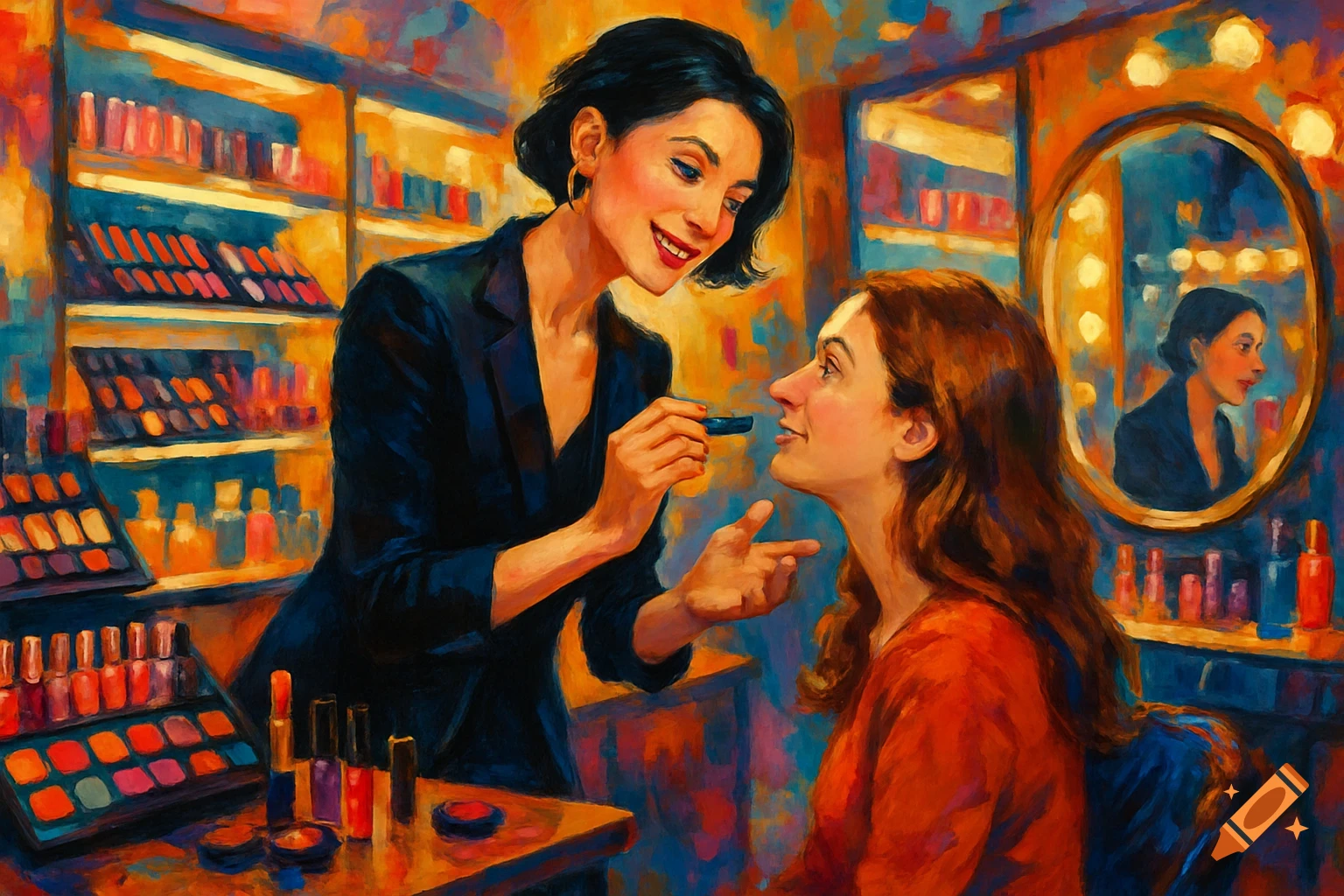 A makeup artist applies lipstick to a customer in a vibrant, impressionistic painting of a cosmetics store.