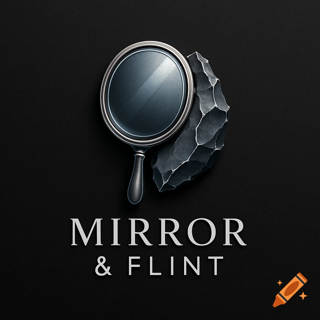 A professional logo with an oval hand mirror leaning against a jagged flint stone, with 'MIRROR & FLINT' text, on a dark background.