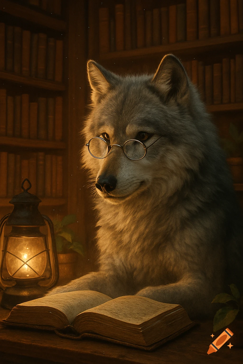 Photorealistic image of a wise wolf wearing glasses, reading an open book by lantern light in a cozy library.