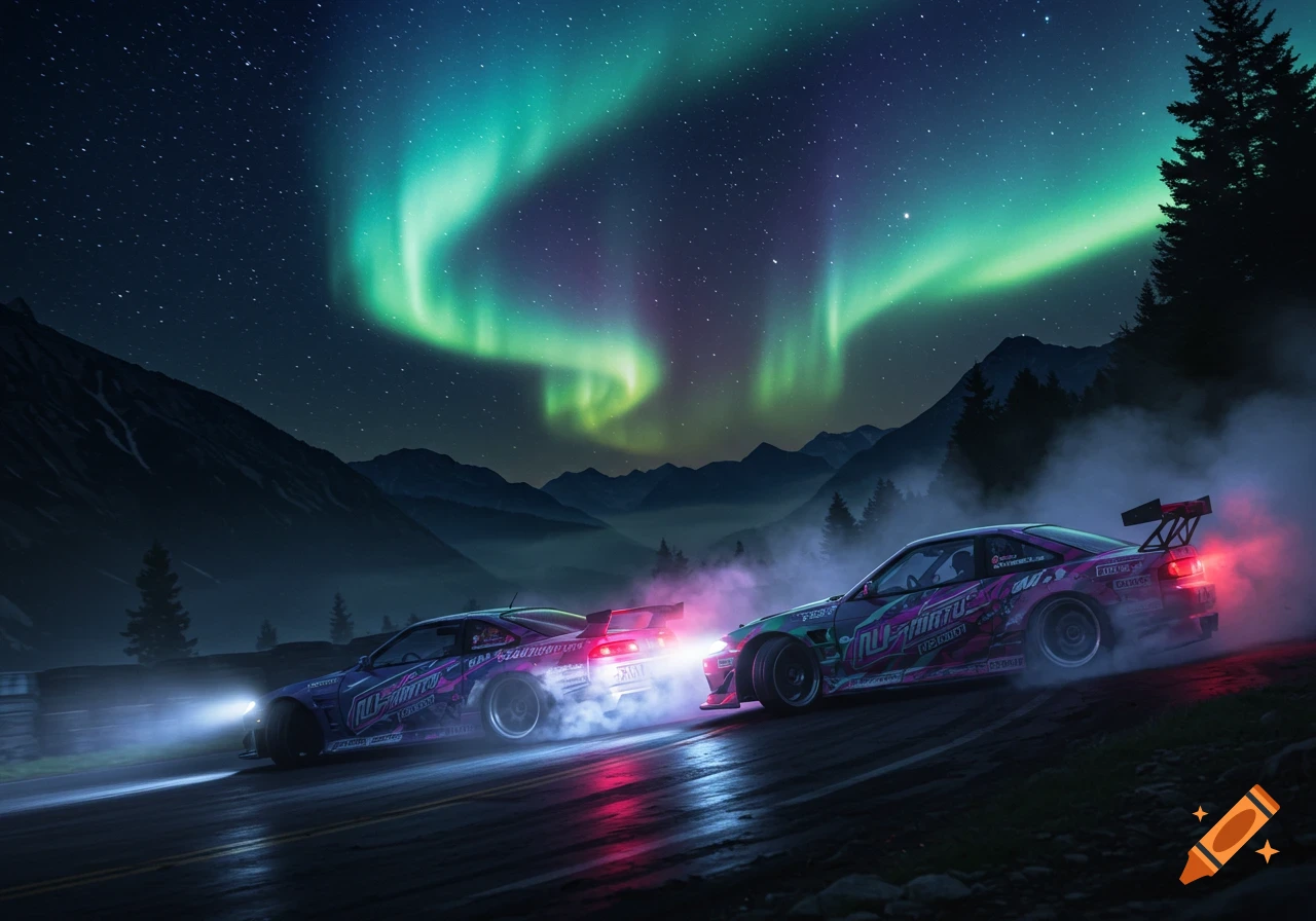 Two drift cars race on a mountain road at night under a vibrant green and purple aurora borealis.