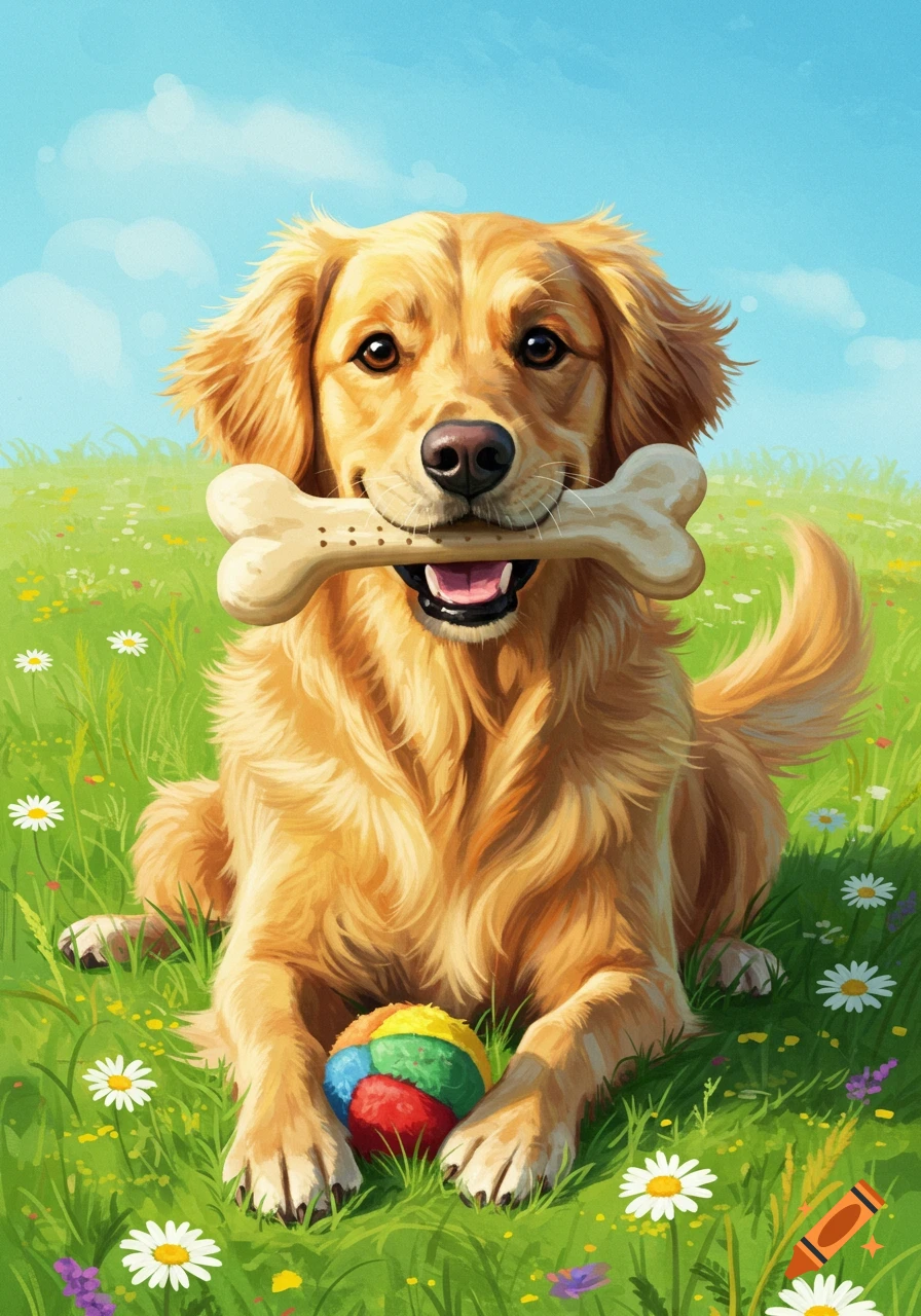 Illustration of a happy golden retriever in a field, holding a bone, with a colorful ball.