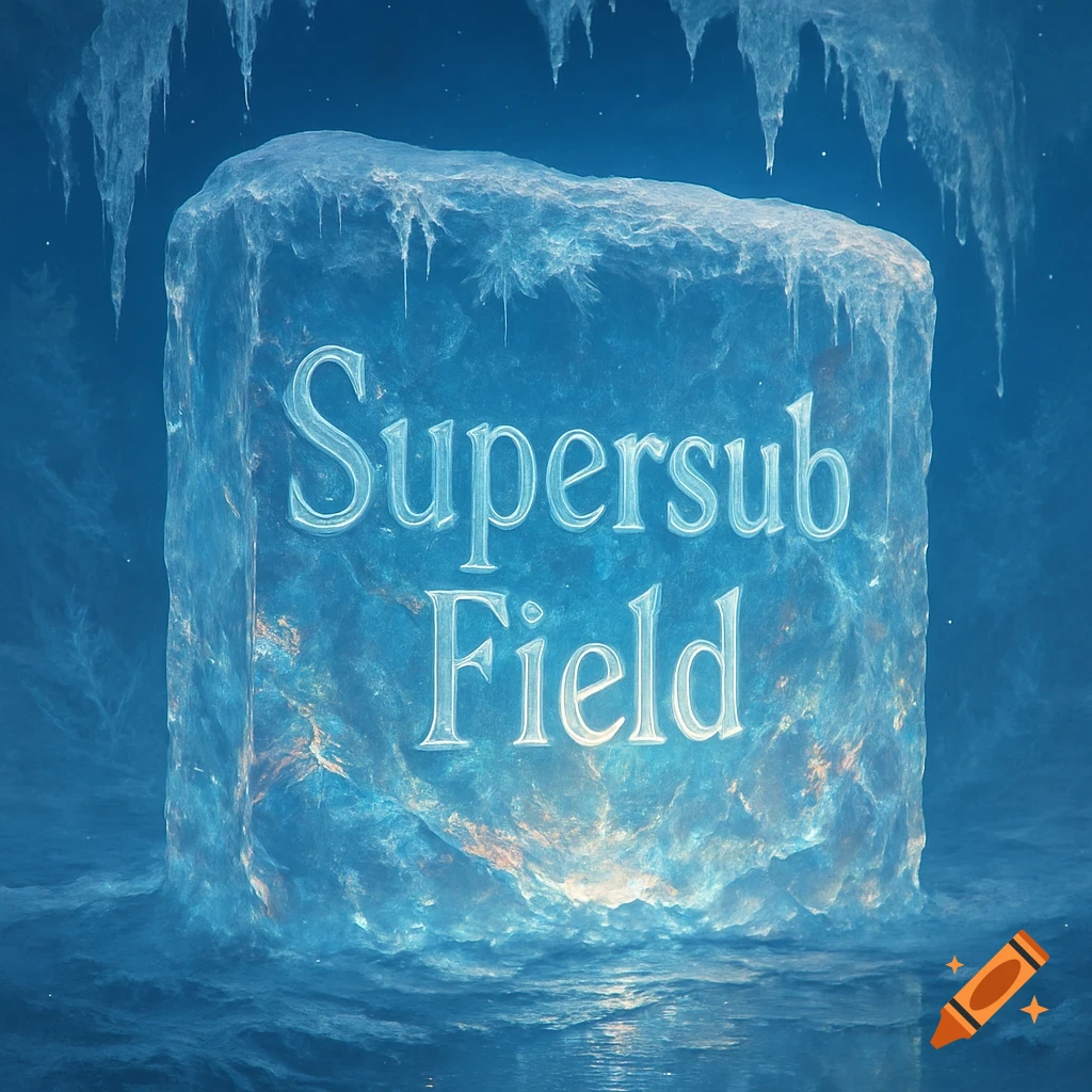 A large, glowing blue ice block with 'Supersub Field' carved into it, surrounded by icy water and icicles.