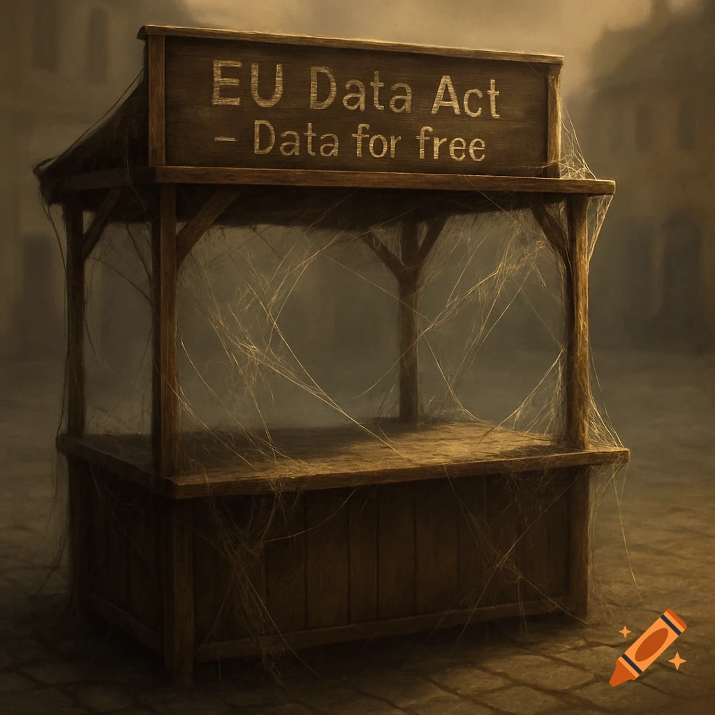 An old, cobweb-covered wooden market stall with a sign reading 'EU Data Act - Data for free' in a somber, abandoned setting.