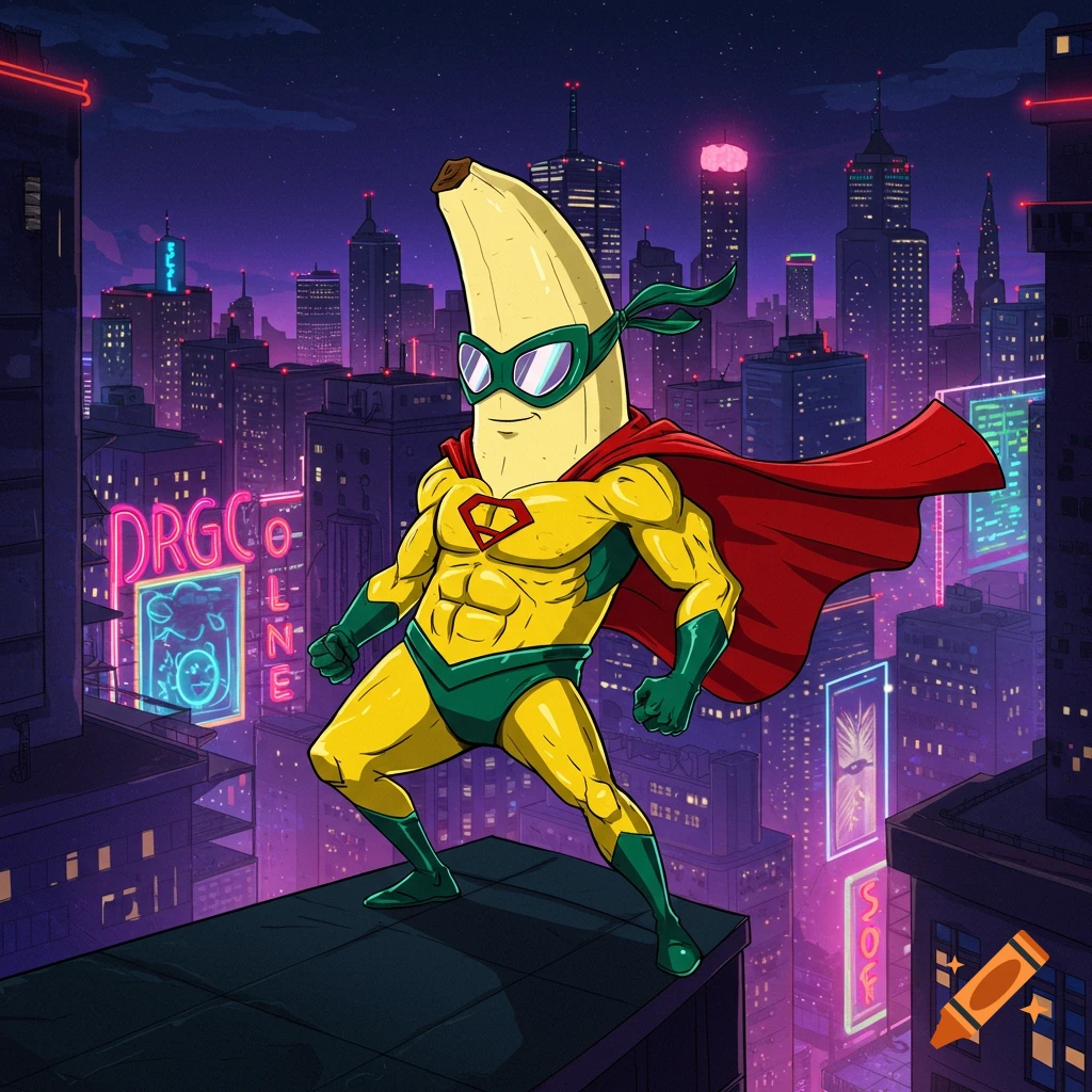A cartoon banana superhero in a red cape and green mask stands on a city rooftop at night, with neon lights in the background.