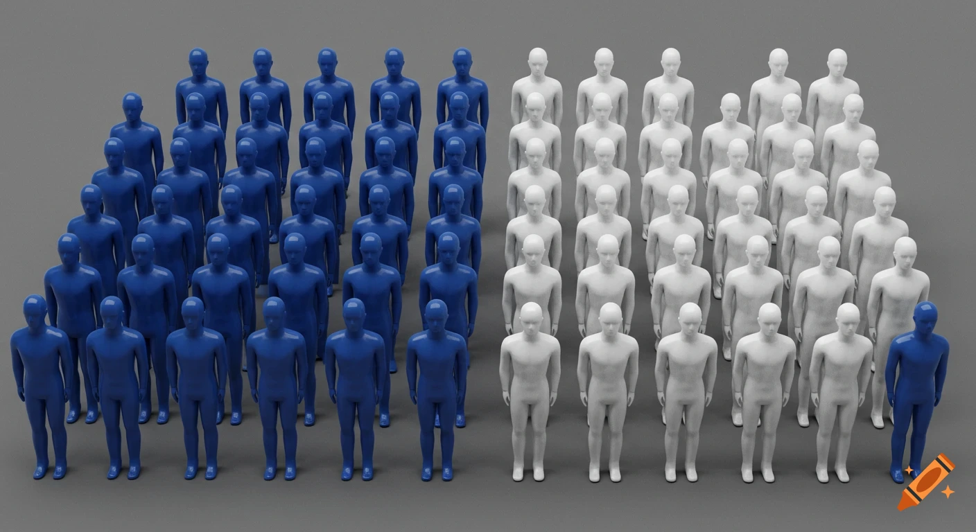 A large group of stylized blue and white humanoid figures stand in organized rows on a grey background.