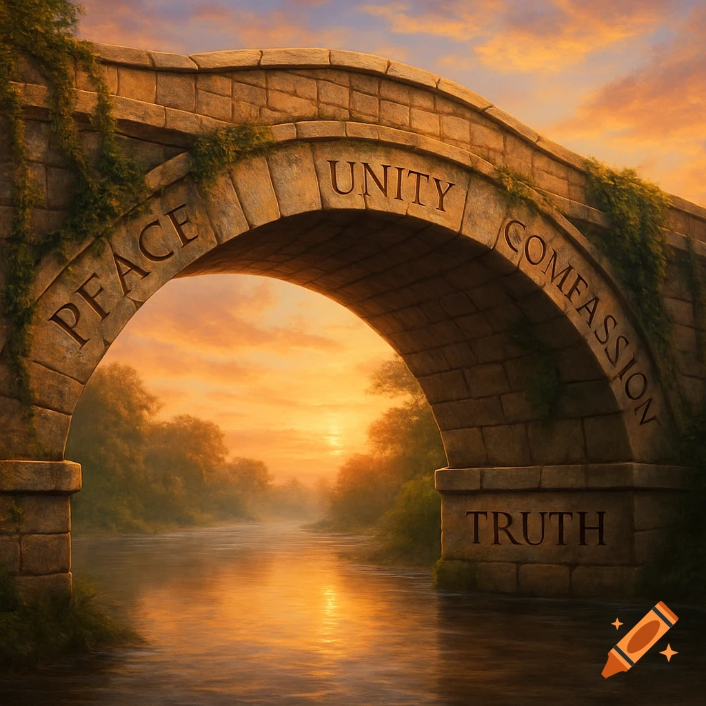 A stone arch bridge with words 'PEACE', 'UNITY', 'COMPASSION', and 'TRUTH' carved into it, spanning a river at sunset.