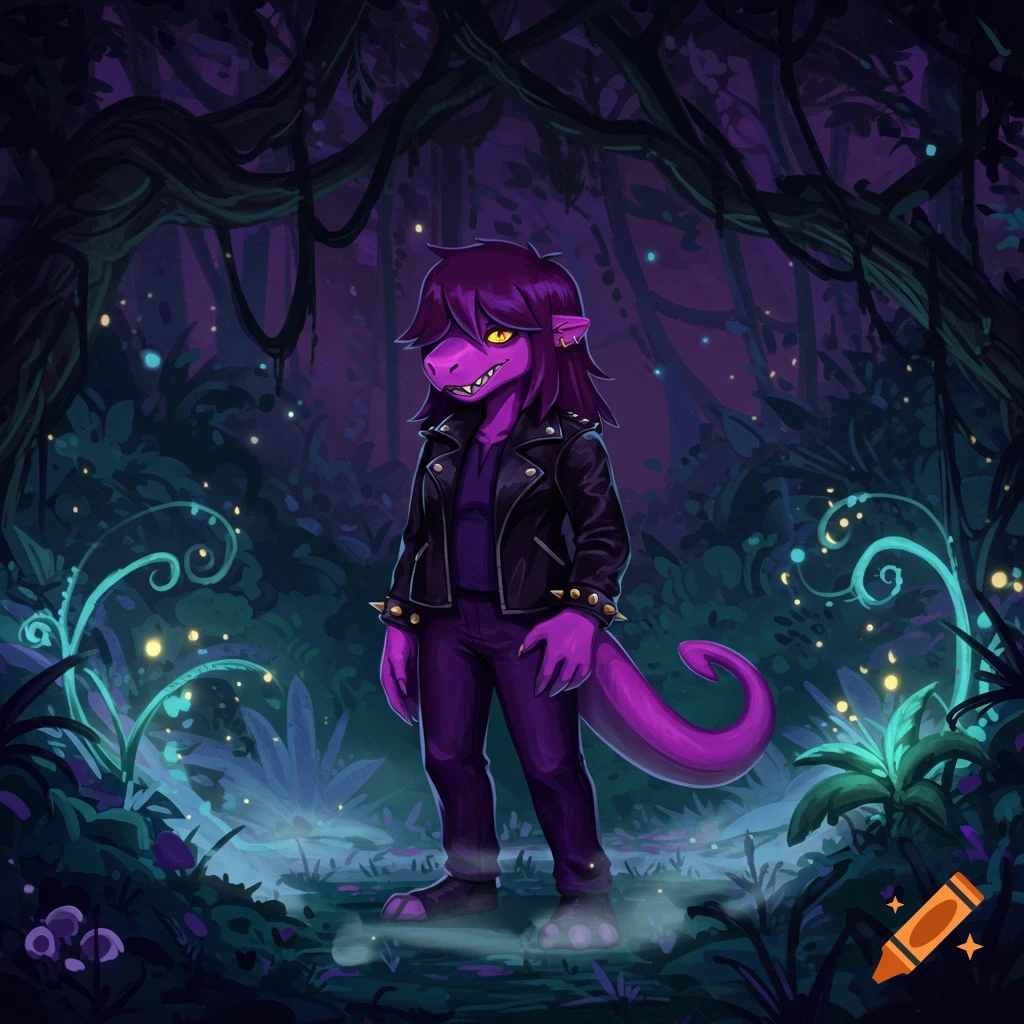 A purple reptilian character with dark hair in a leather jacket stands in a dark, enchanted forest with glowing plants. Digital art.