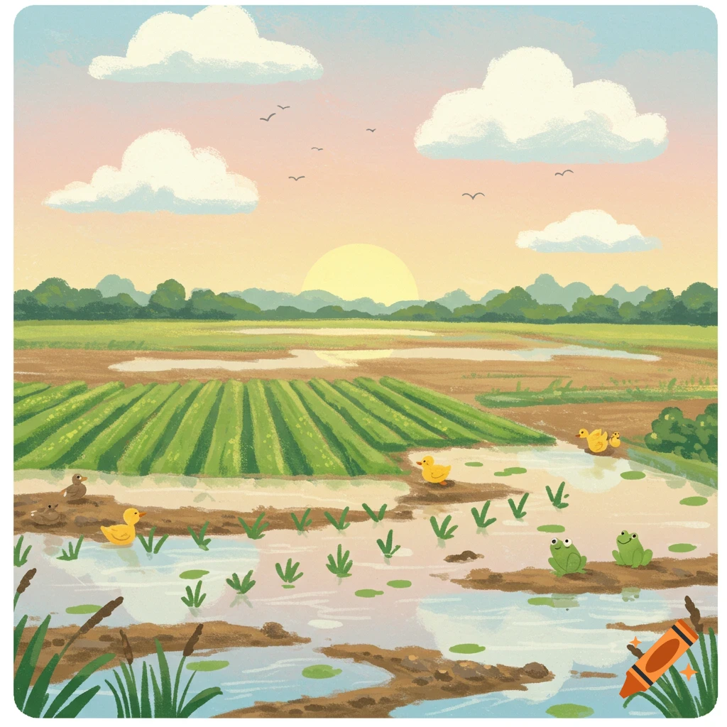 A child-friendly illustration of a flooded agricultural field at sunset, with ducks and frogs in the water.