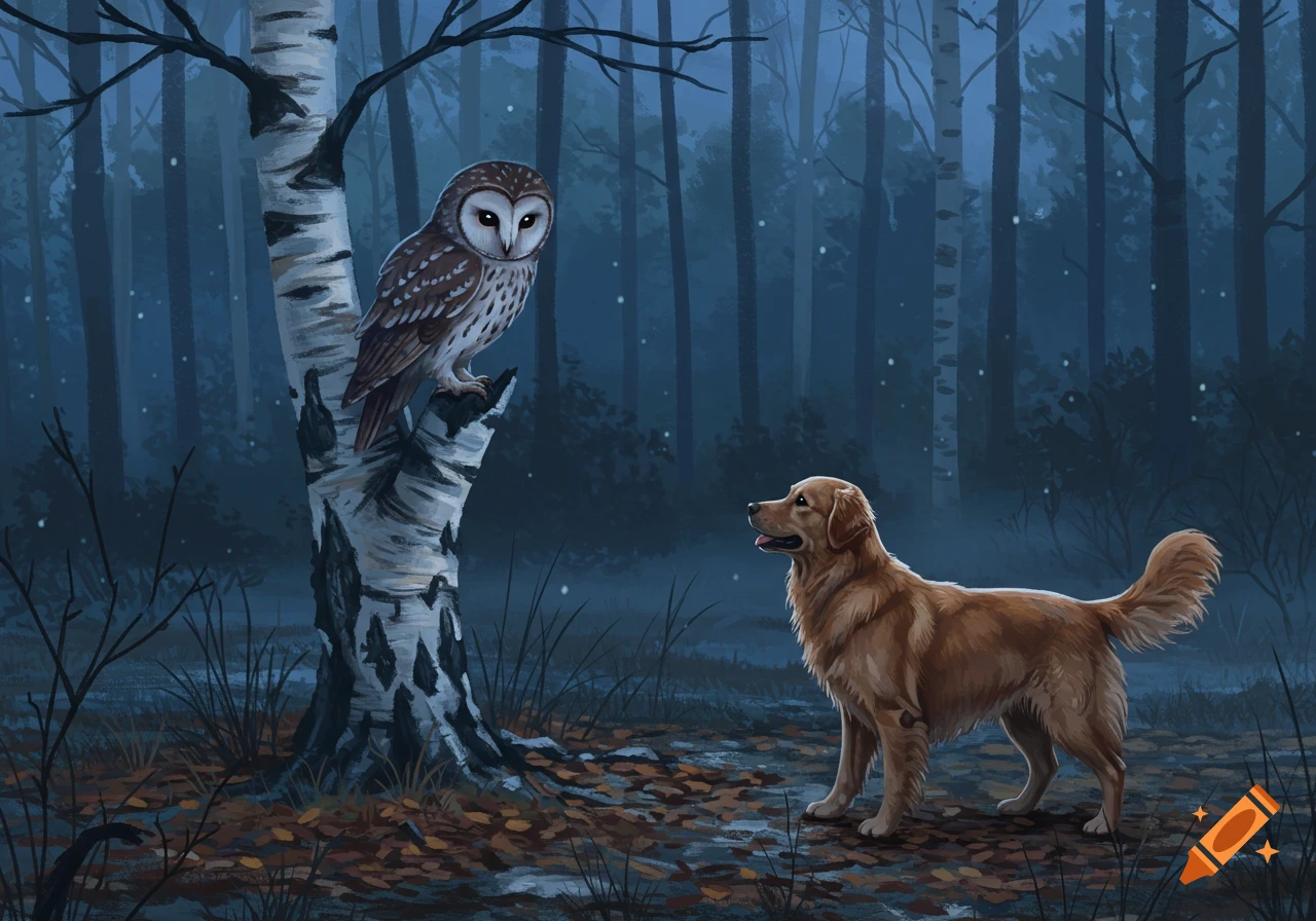 Illustrated owl on a birch tree looking at a golden retriever in a mystical blue forest at night.