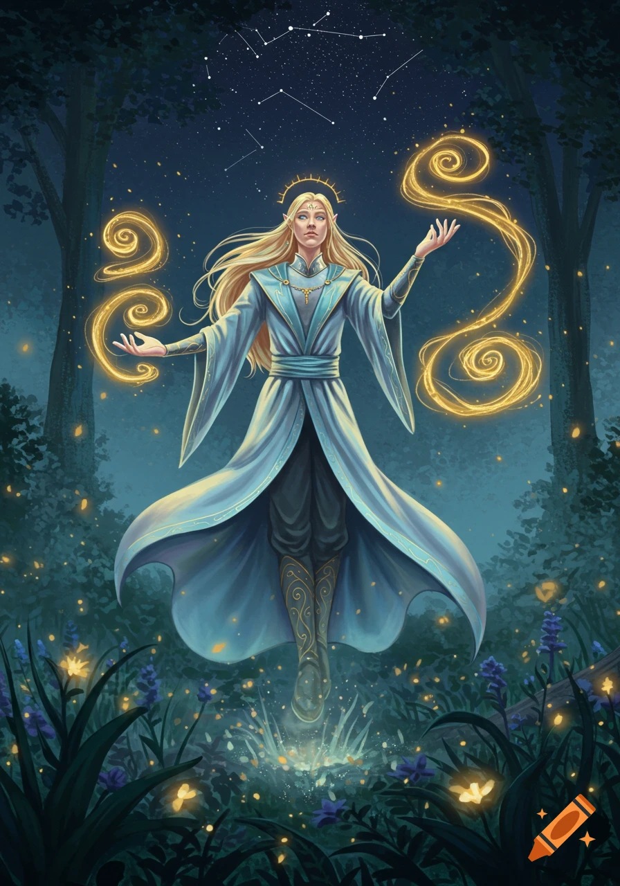 A floating Aasimar Wild Magic Sorcerer with long blonde hair conjures golden magic in a dark, glowing fantasy forest under starry constellations.
