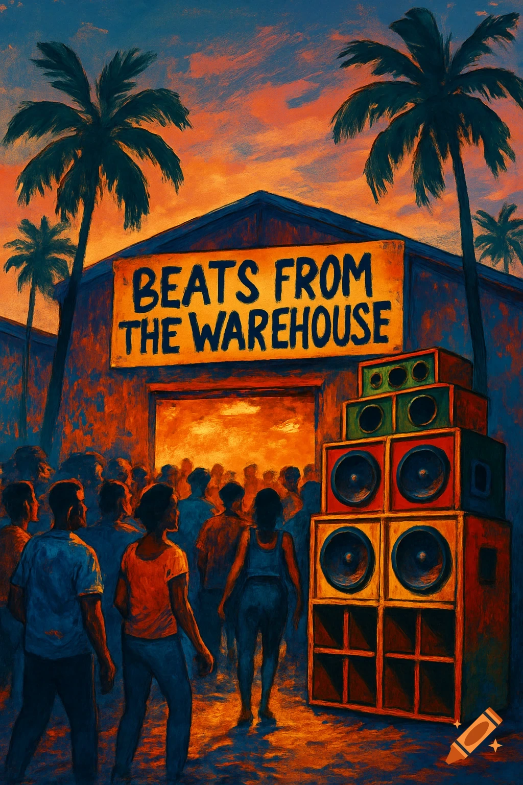 Vibrant painting of people gathering at a warehouse with a 'BEATS FROM THE WAREHOUSE' sign, palm trees, and large speakers under an orange sunset.