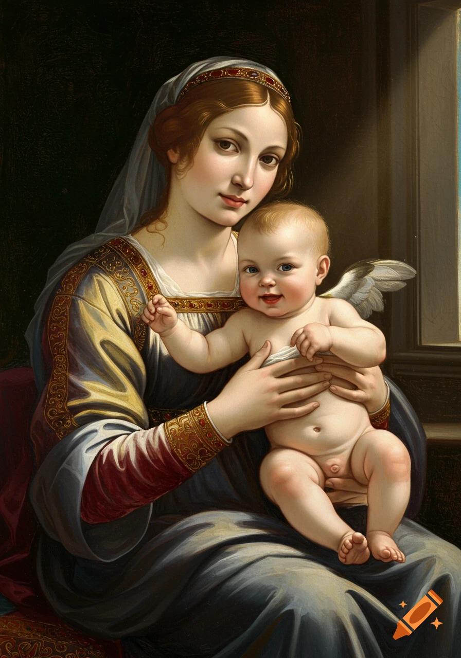 Classical oil painting of a woman in a rich gown holding a smiling winged baby.