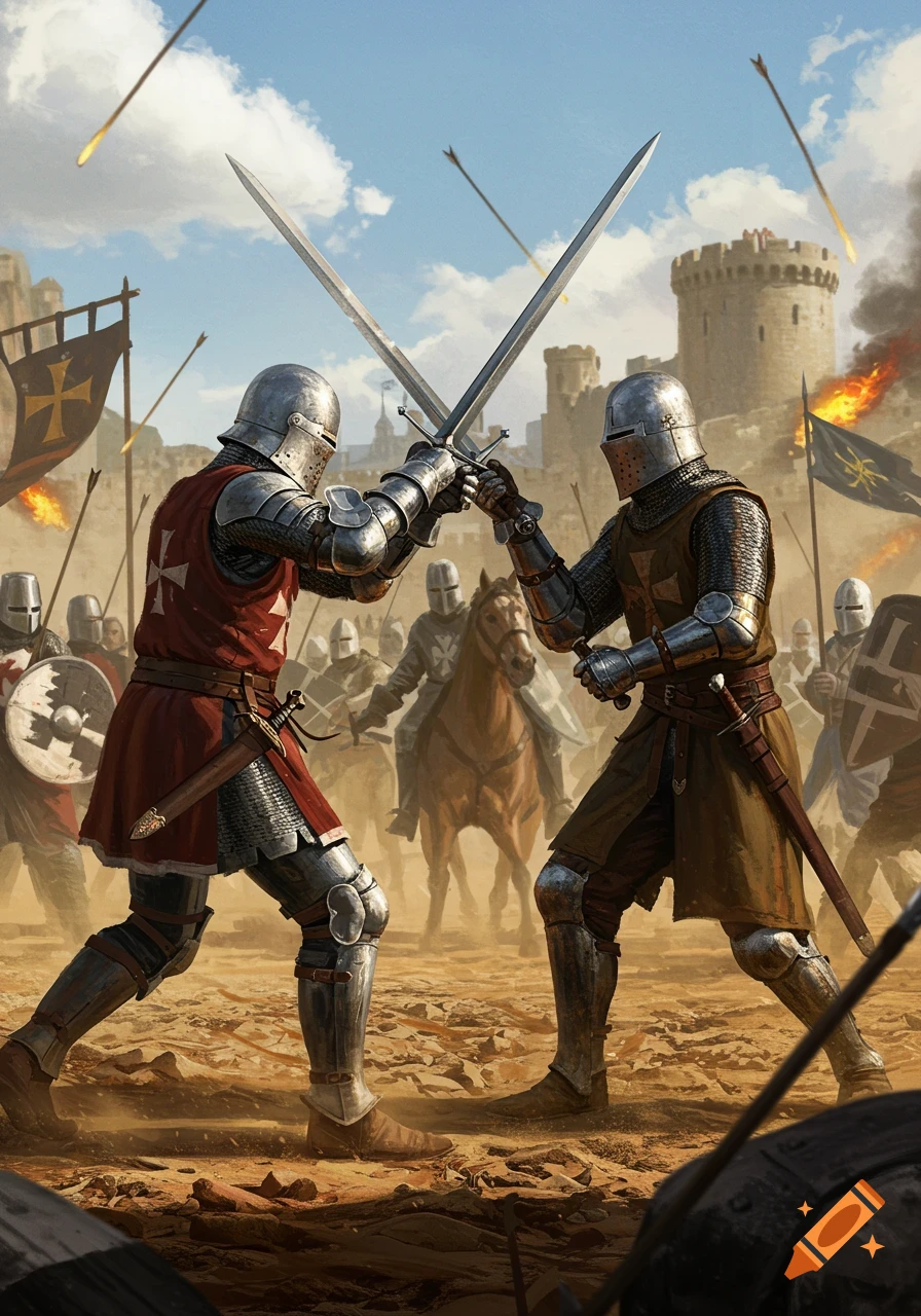 Two armored knights clash swords in a medieval battlefield with a castle, other warriors, and flying arrows under a cloudy sky.