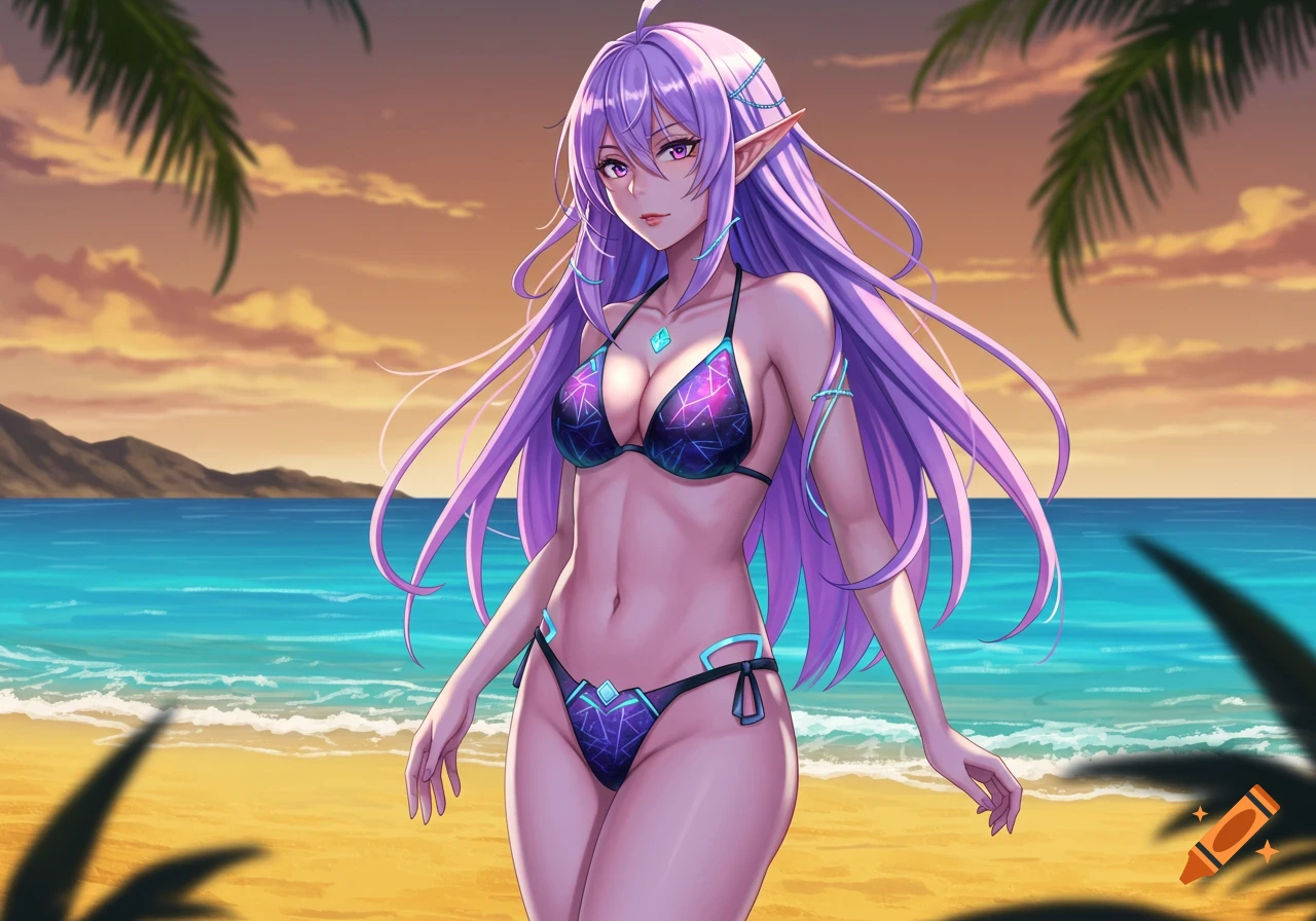 Anime elf girl with purple hair in a bikini on a tropical beach at sunset.