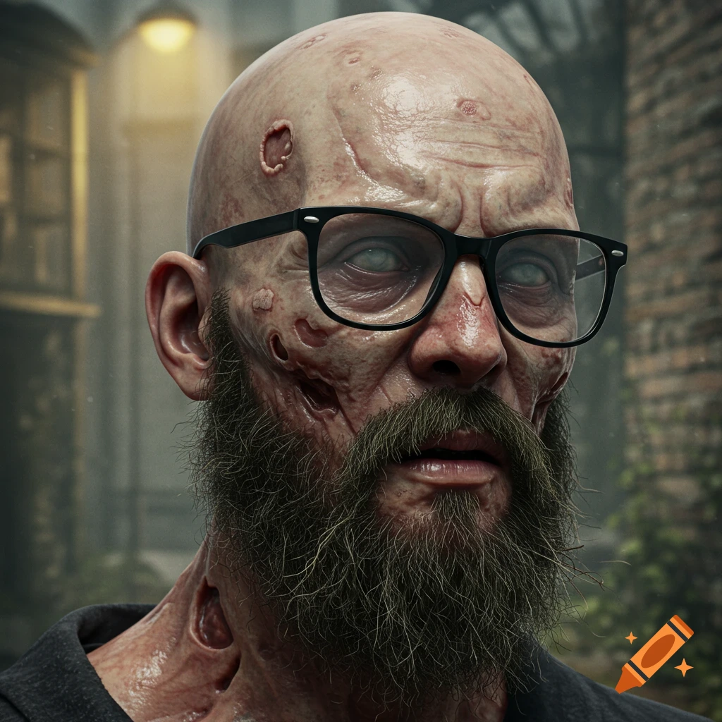 Close-up, photorealistic portrait of a bald, bearded zombie man with decaying skin and glasses, looking forward.