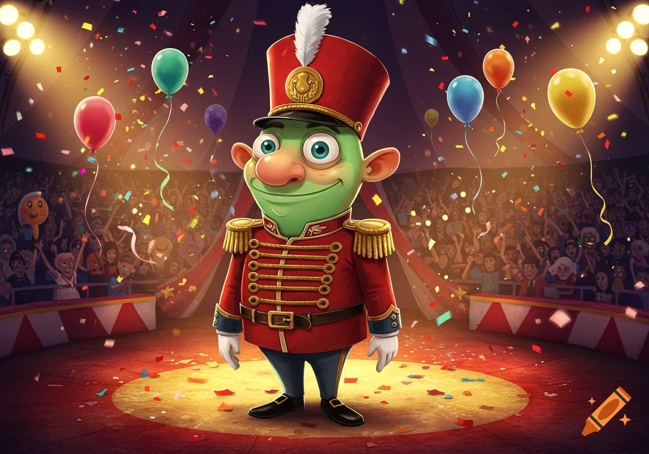 A cartoon green character in a red military uniform with a feathered hat stands on a circus stage amidst confetti and balloons, with a cheering audience.