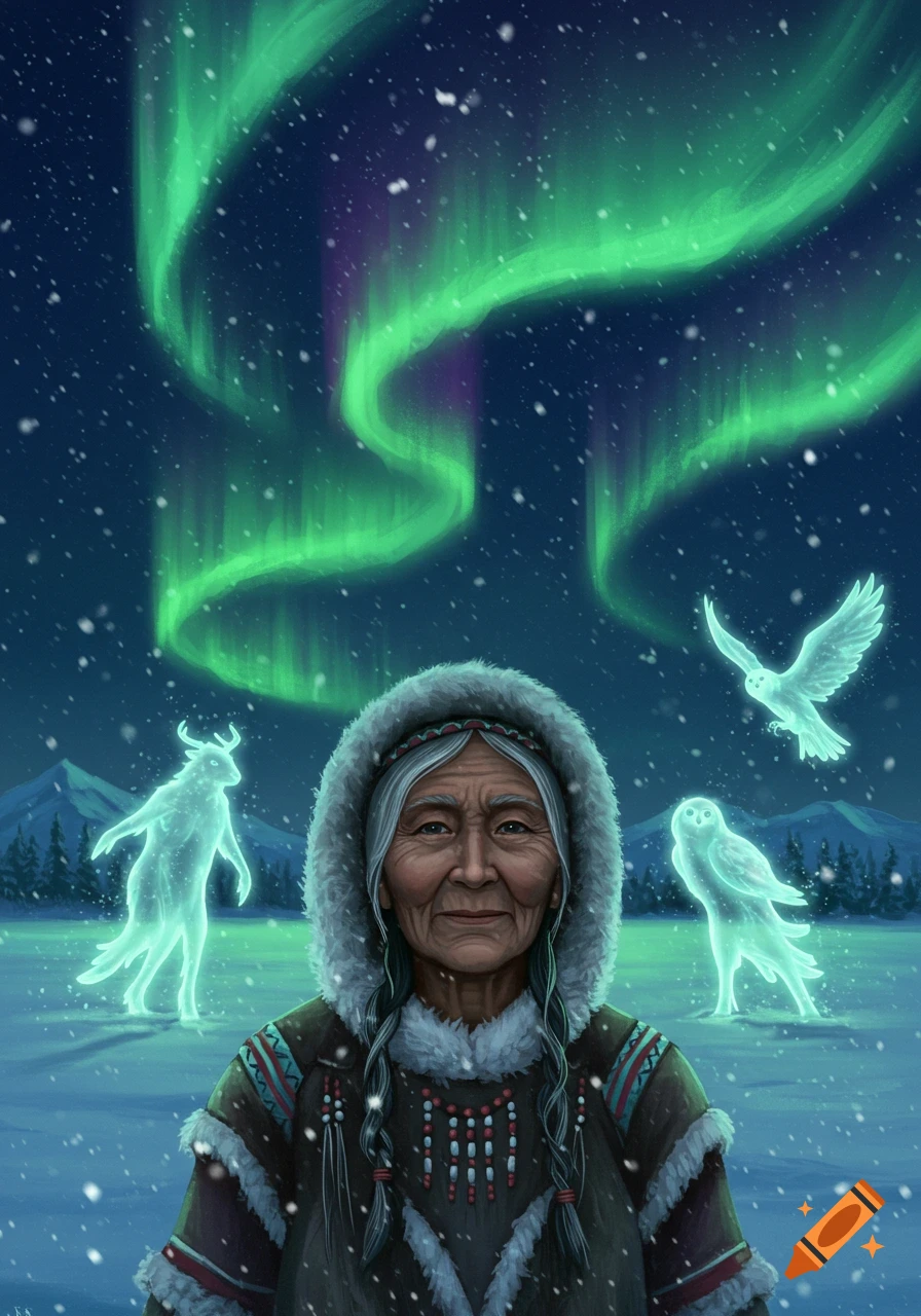 An elderly indigenous woman in winter clothing stands in a snowy landscape under the aurora, flanked by glowing animal spirits.