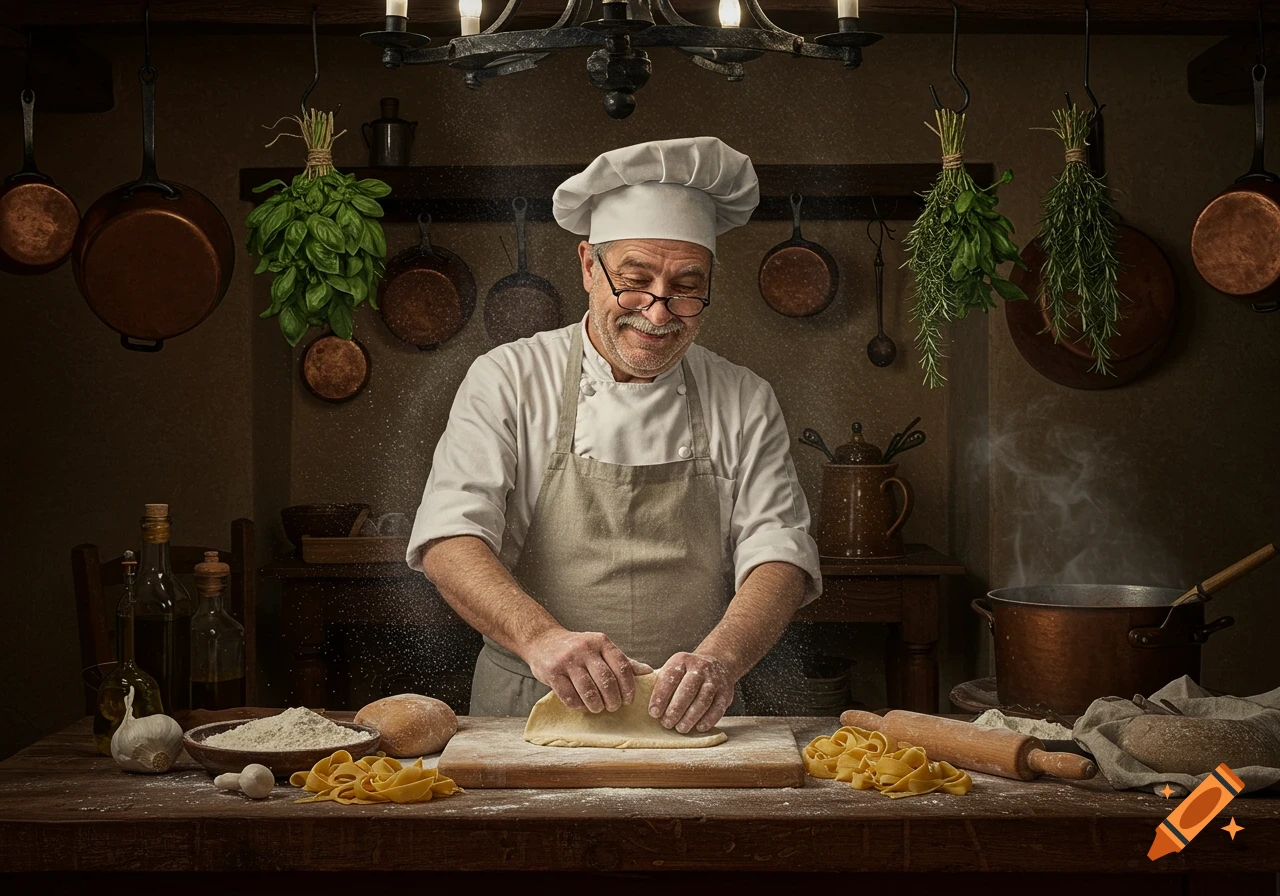 A smiling Italian chef in a rustic kitchen kneads dough on a wooden table, with flour dusting the air. Hyperrealistic oil painting style.