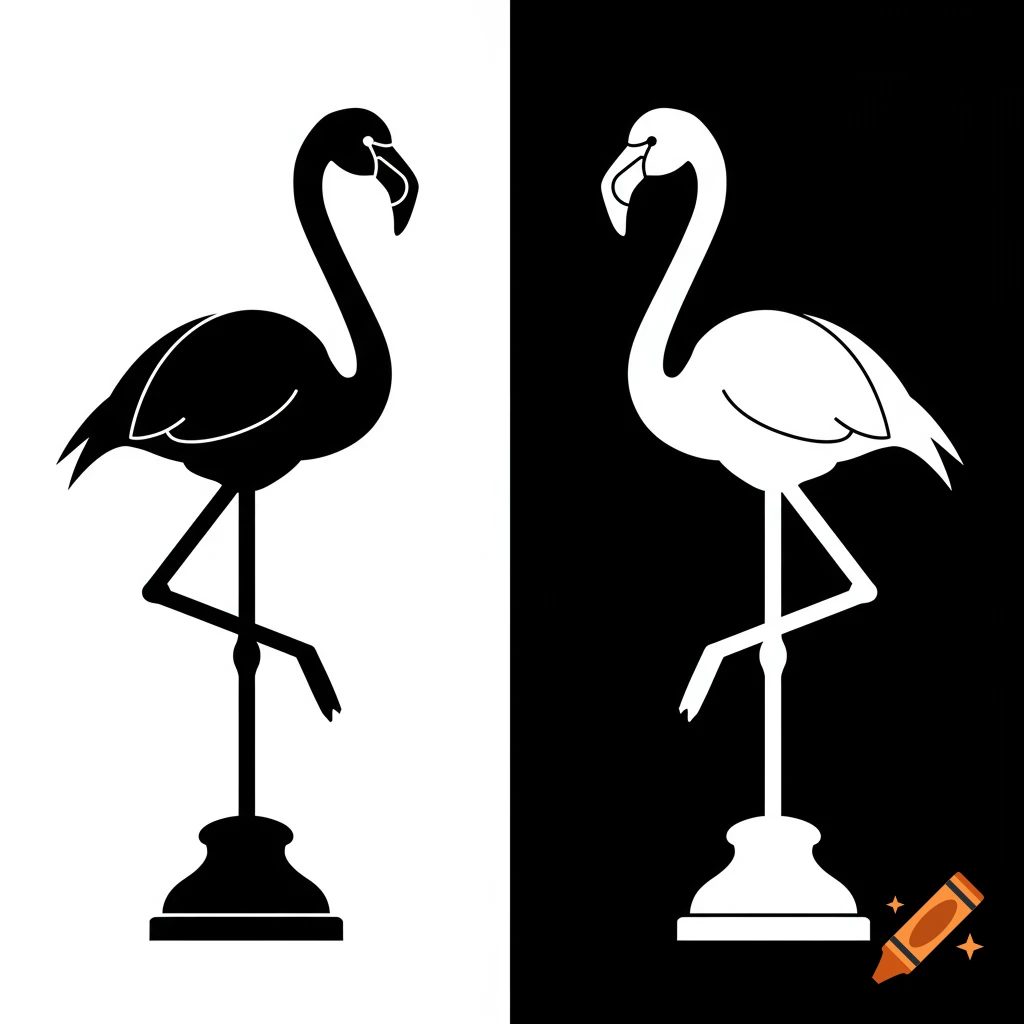 Two flat 2D black and white flamingo silhouettes on opposite colored backgrounds, resembling chess pieces.