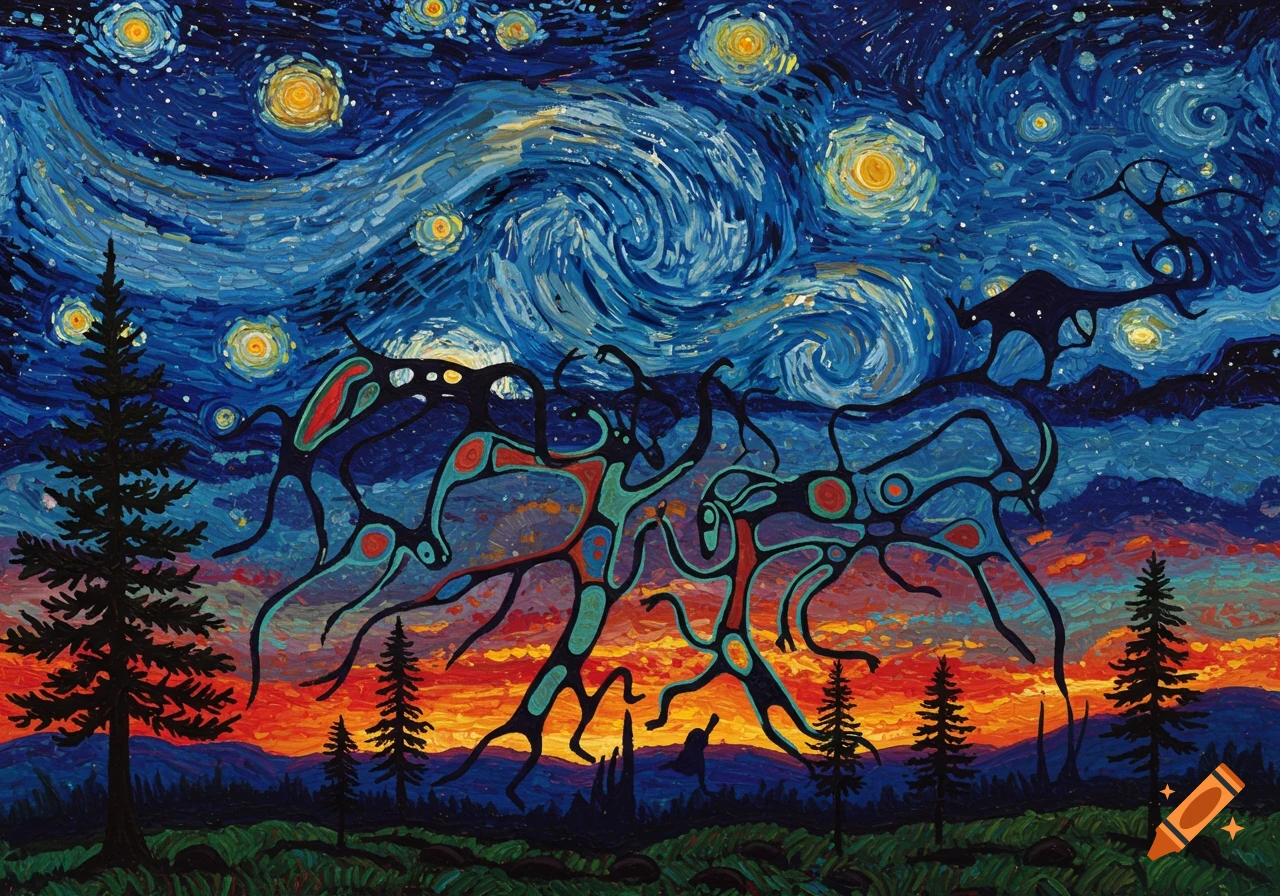 Vibrant painting blending Van Gogh's Starry Night sky with abstract Indigenous figures dancing over a sunset landscape.