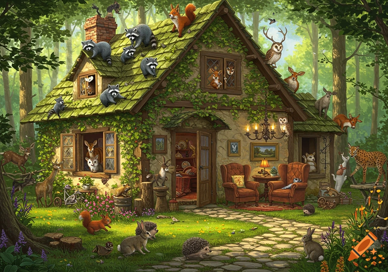 A whimsical illustration of a moss-covered house in a forest, surrounded by numerous wild animals like raccoons, deer, squirrels, hedgehogs, and rabbits.