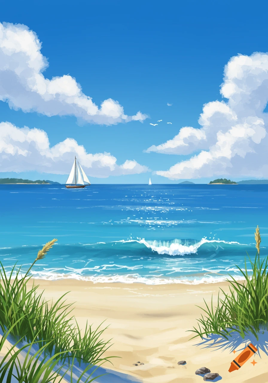 Illustrative summer beach scene with sailboats on blue water, a sandy shore with green grass, and a bright blue sky with white clouds.
