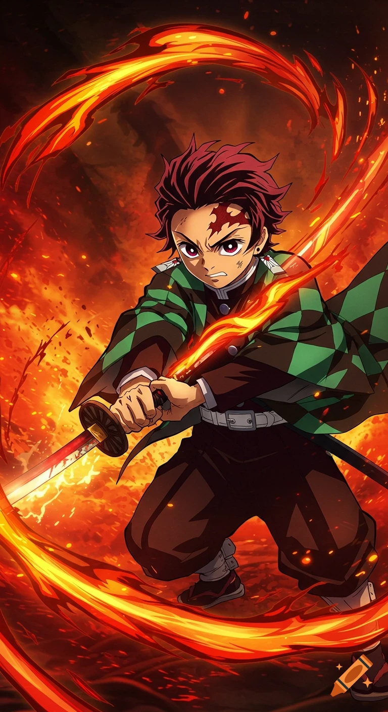 Anime character Tanjiro Kamado fiercely wields a fiery sword, his forehead mark glowing against a background of red and orange energy.