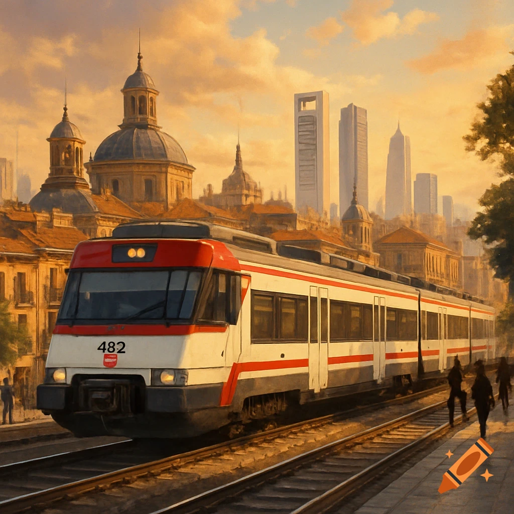 Red and white train on tracks in a city with historic domes and modern skyscrapers under a golden sky, painterly style.