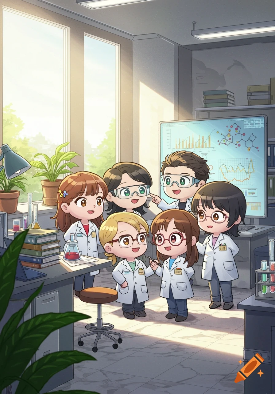 Cute chibi-style scientists in lab coats working in a brightly lit laboratory with chemicals and a data screen.