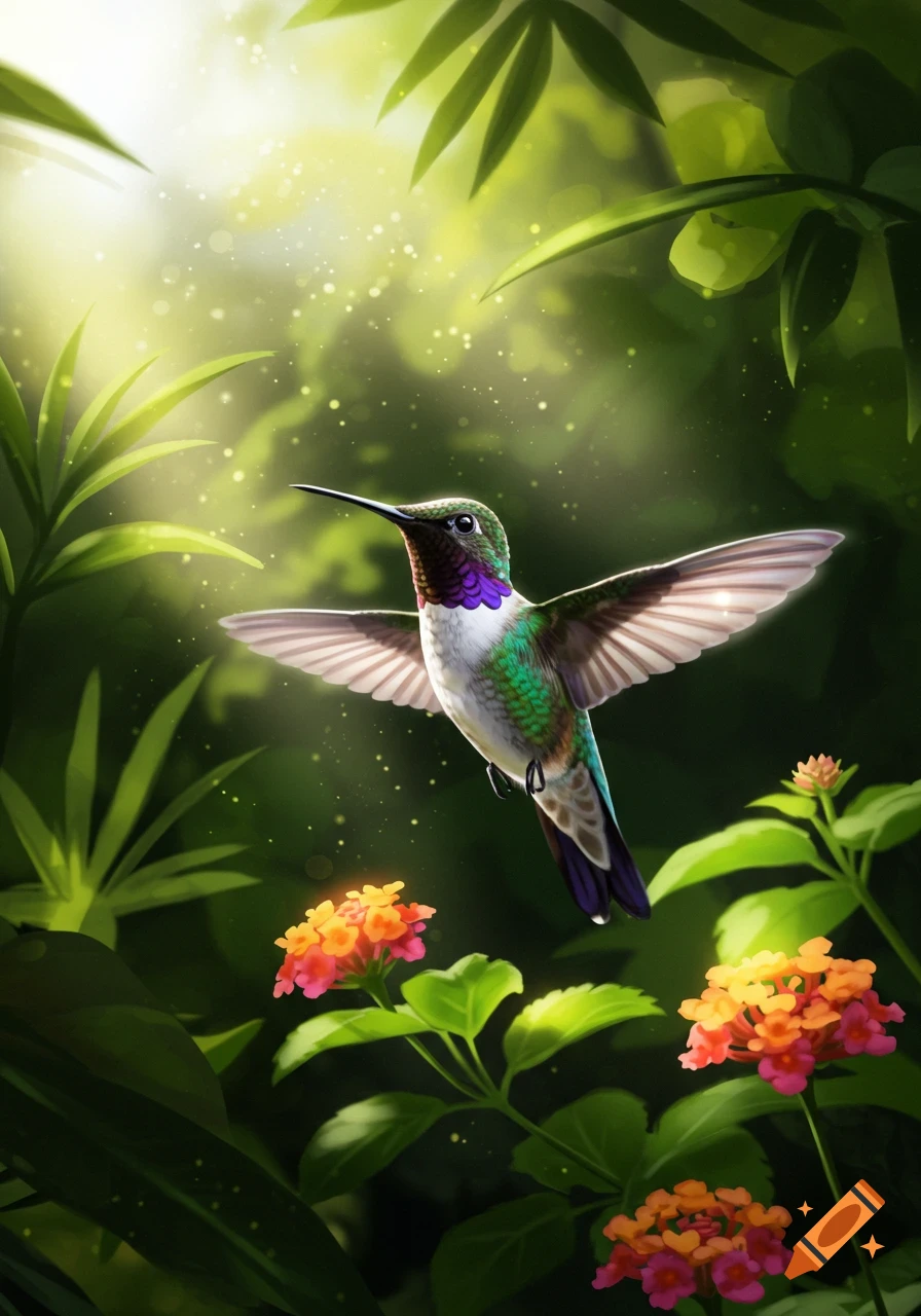A vibrant hummingbird with iridescent green, purple, and white plumage hovers among lush green leaves and orange-pink flowers, bathed in sunlight.
