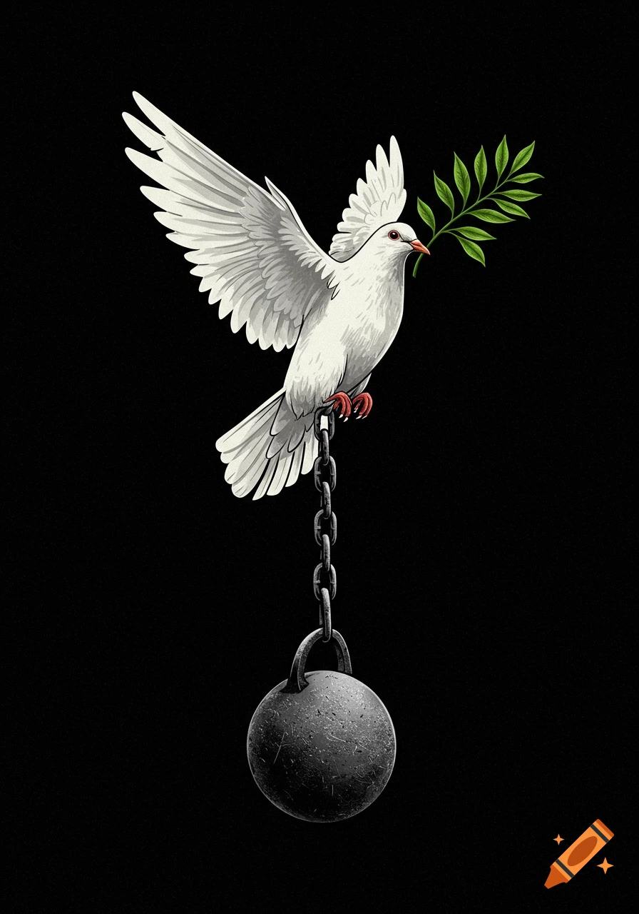 A white dove with a green olive branch in its beak is chained to a heavy iron ball, flying against a black background. Illustrated style.