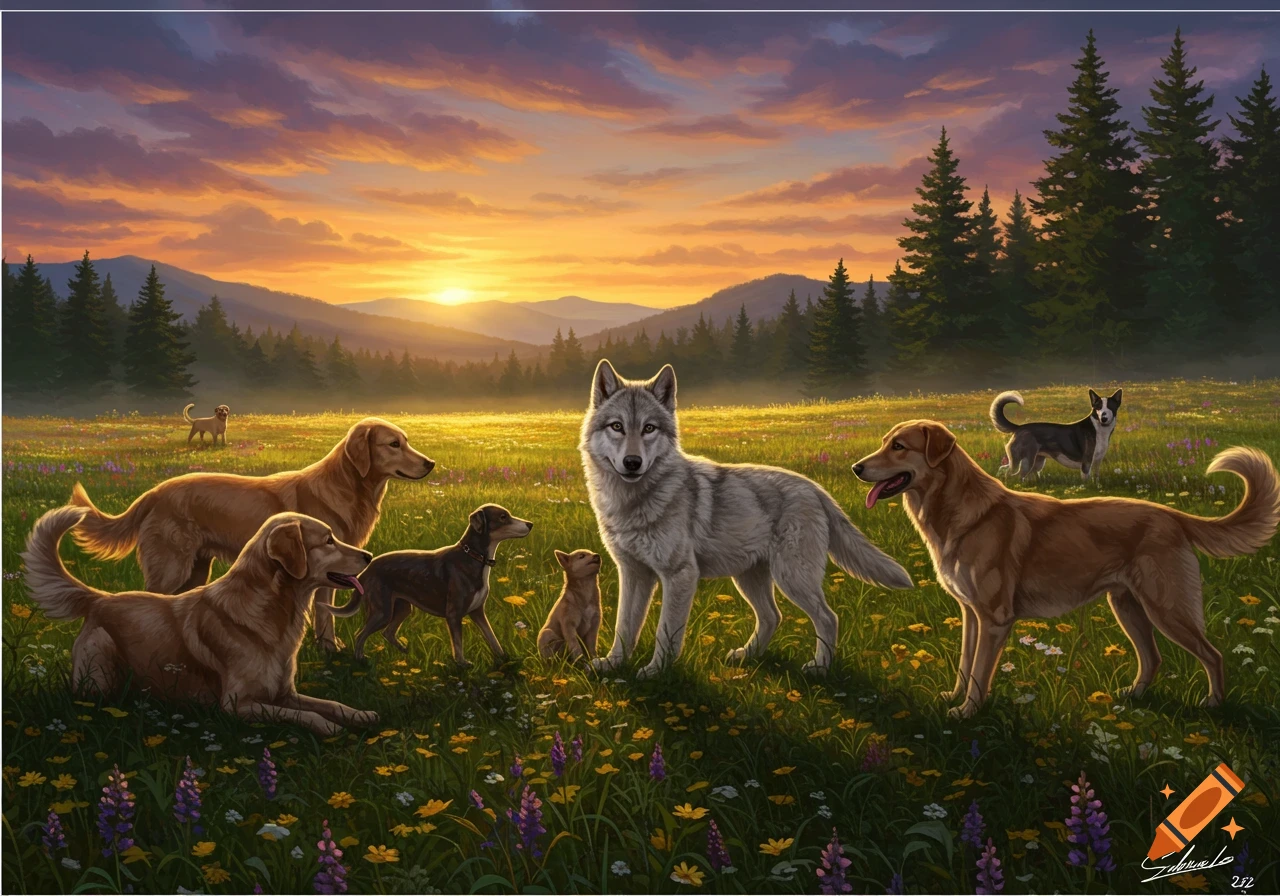 A wolf and several dogs stand in a wildflower-filled meadow at sunset, with mountains and pine trees in the background. Painterly style.