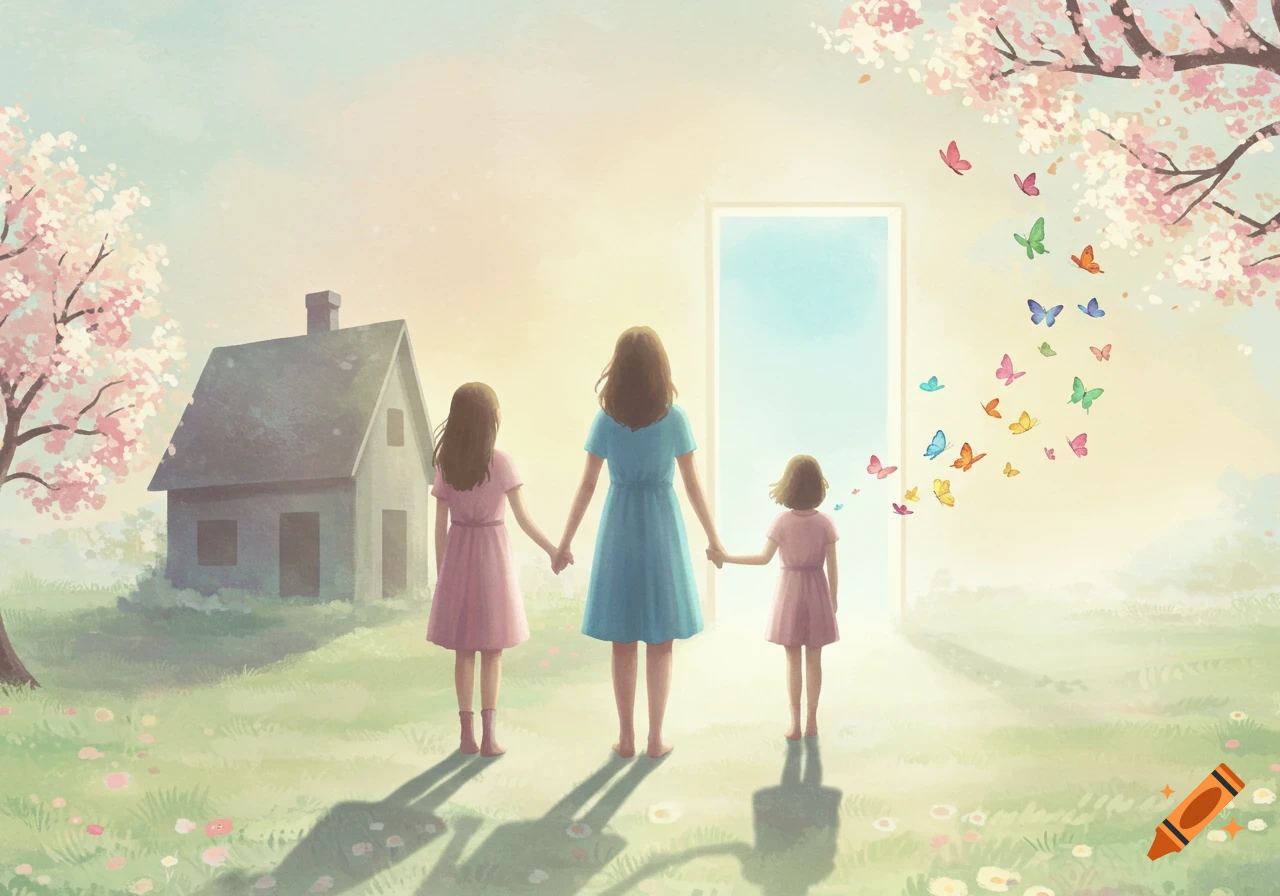 Soft pastel illustration of a mother and two daughters holding hands, facing a bright, open door with butterflies flying out, a house and cherry blossom trees behind them.