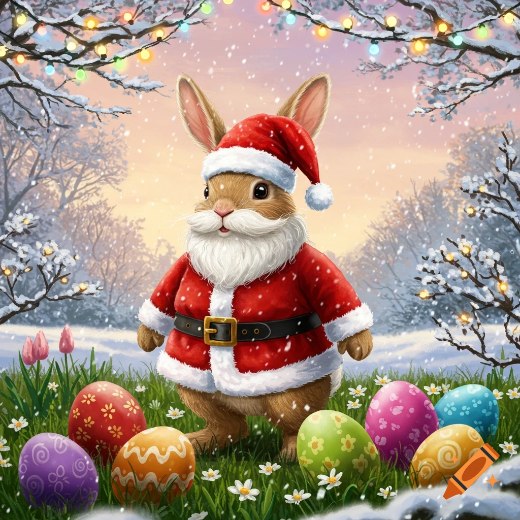 A cartoon rabbit wearing a Santa suit and beard stands among colorful Easter eggs in a snowy, festive landscape with twinkling lights.