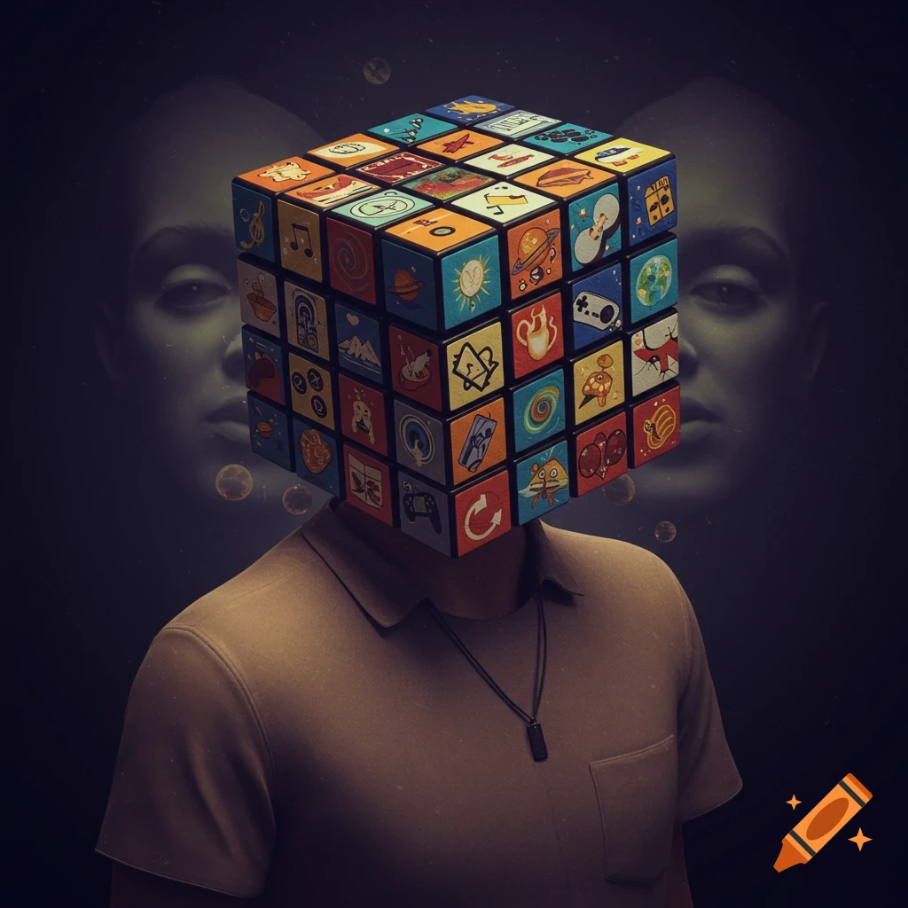 Surreal digital art of a person with a Rubik's cube for a head, adorned with various interest symbols, against a dark background with faint faces.